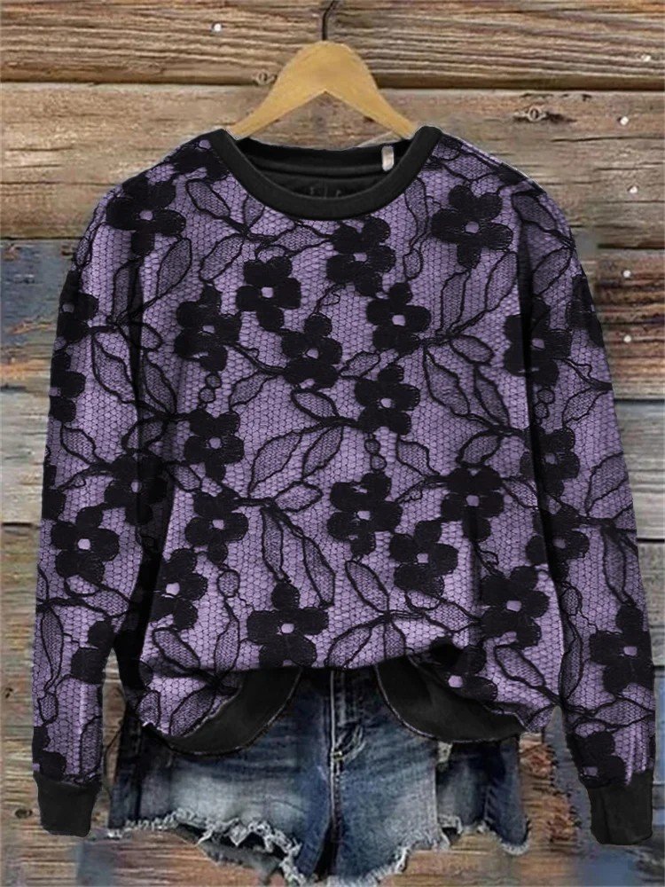 Classy Floral Black Lace Comfy Sweatshirt