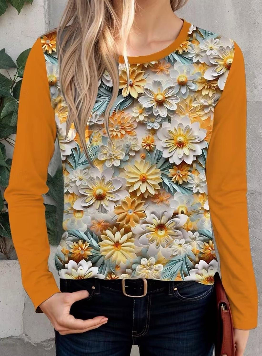 Women's T Shirt Casual Print Long Sleeve Regular Tops Crew Neck Daily Orange Spring Fall