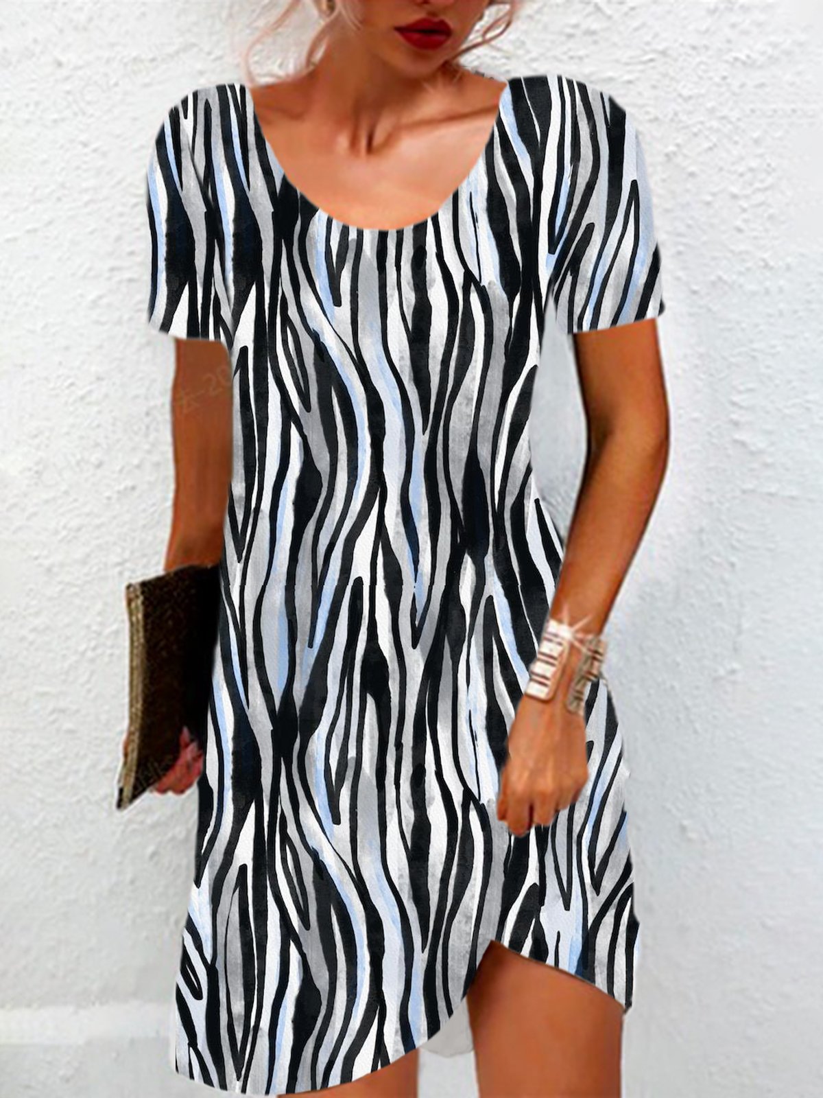 Zebra Print Short Sleeve Crew Neck Dress