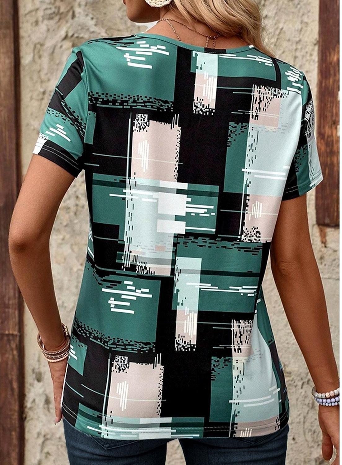 Women's  Stylish Casual Geometric Patchwork Print Short Sleeve Regular Tops V Neck Daily Summer