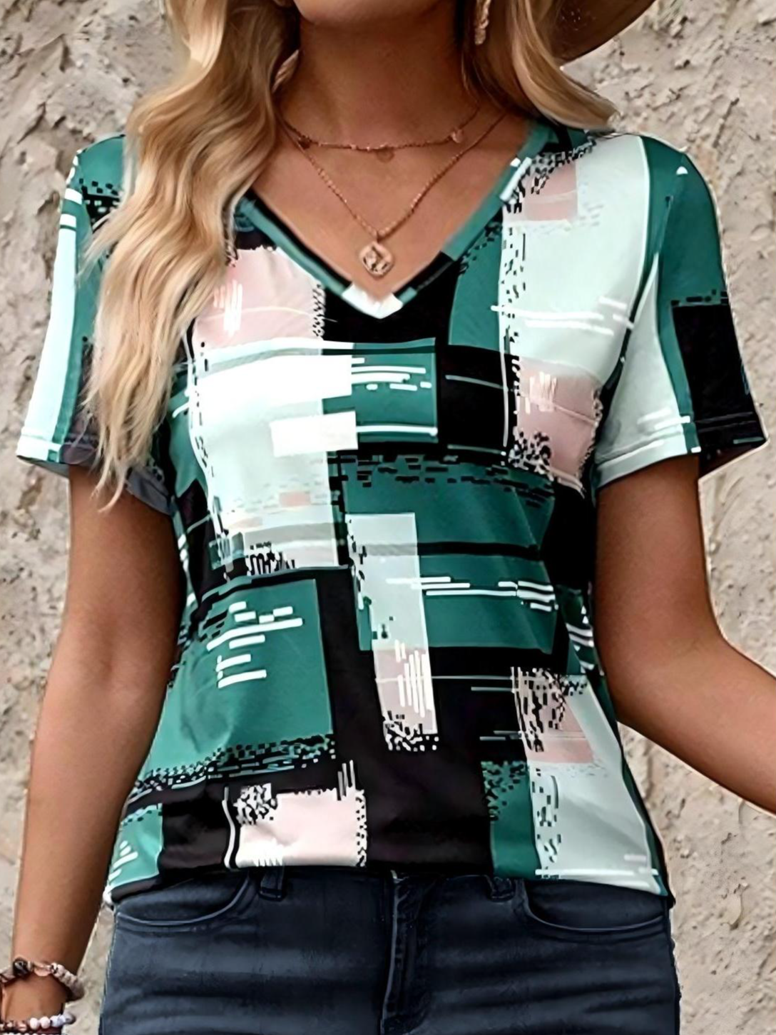 Women's  Stylish Casual Geometric Patchwork Print Short Sleeve Regular Tops V Neck Daily Summer