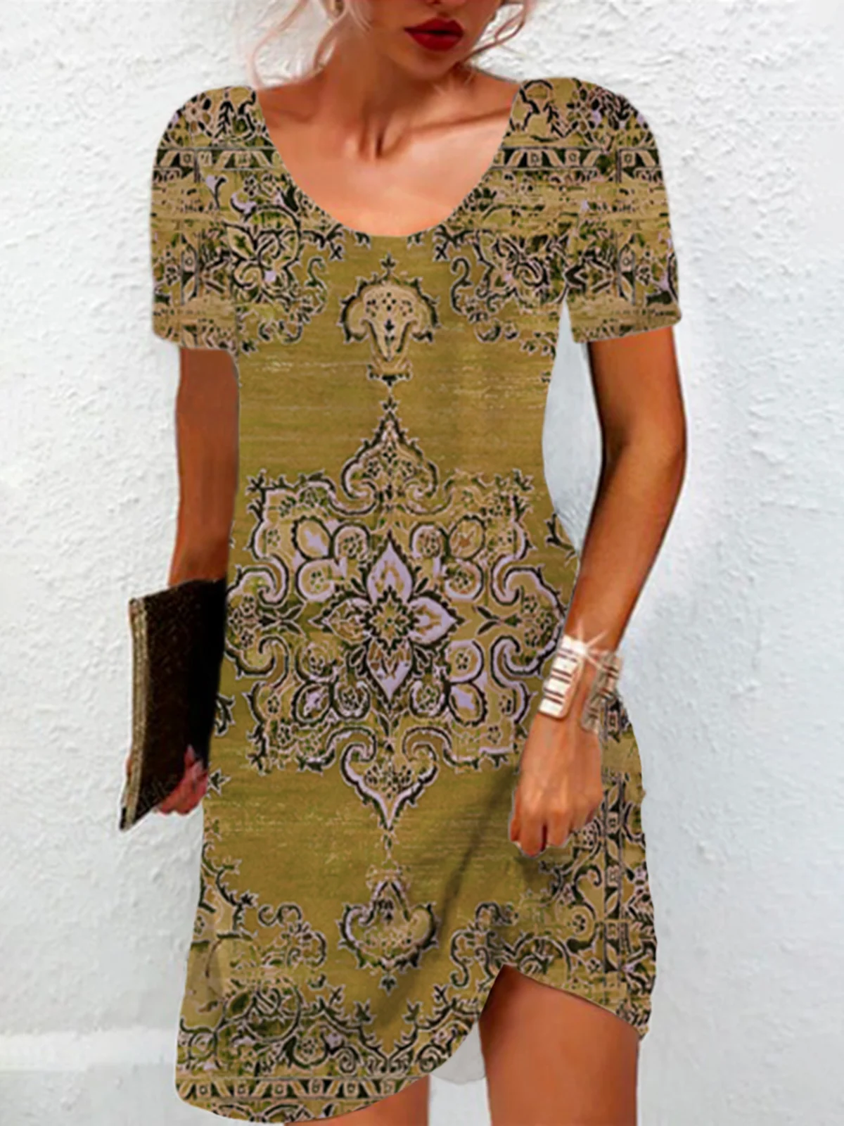 Ethnic Print Short Sleeve Round Neck Dress