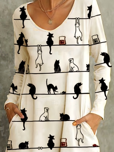 Women's Cat Stripe Pocket Print Crew Neck Midi Dress Daily Date