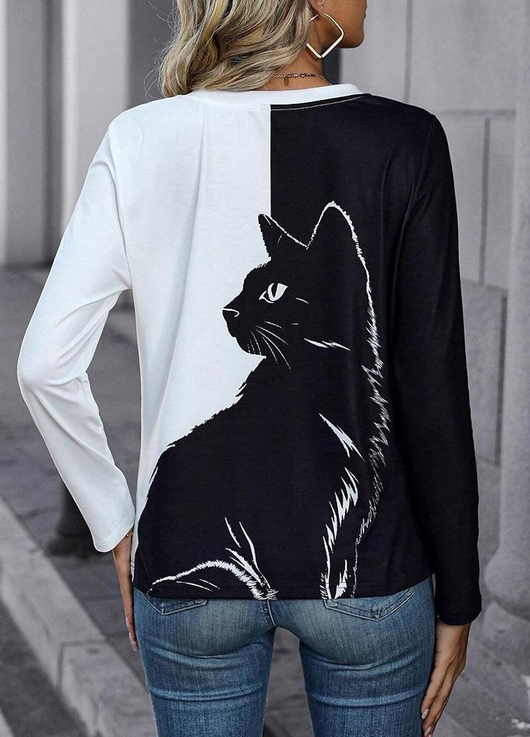 Women's T shirt Tee Cat Daily Fashion Long Sleeve White / Black Spring & Fall