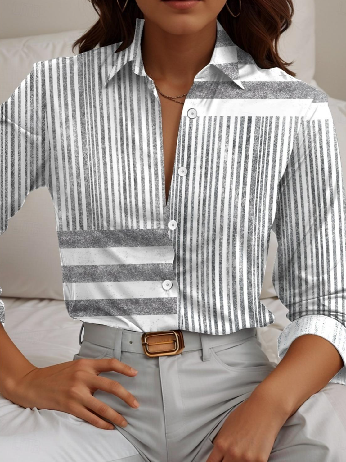 Women's Shirt Casual Print Long Sleeve Regular Tops Shirt Collar Work Daily Gray Spring Fall