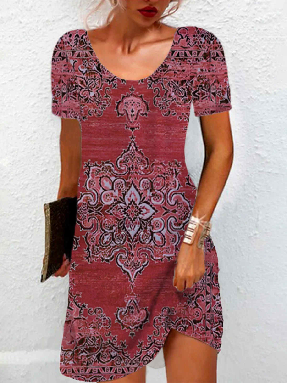 Ethnic Print Short Sleeve Round Neck Dress