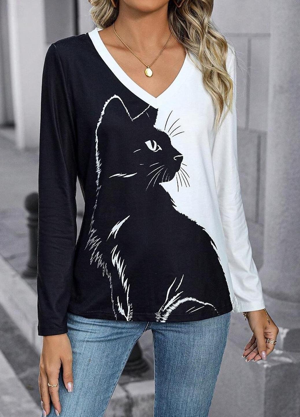 Women's T shirt Tee Cat Daily Fashion Long Sleeve White / Black Spring & Fall