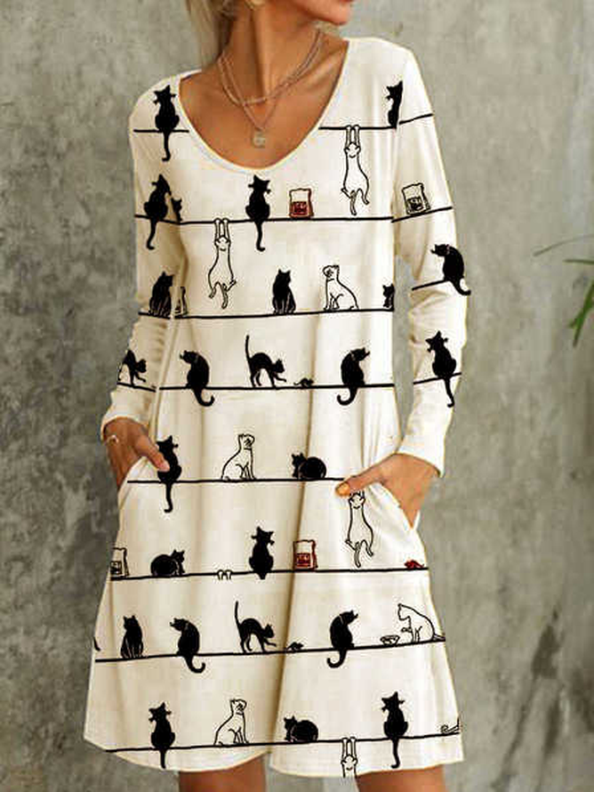 Women's Cat Stripe Pocket Print Crew Neck Midi Dress Daily Date