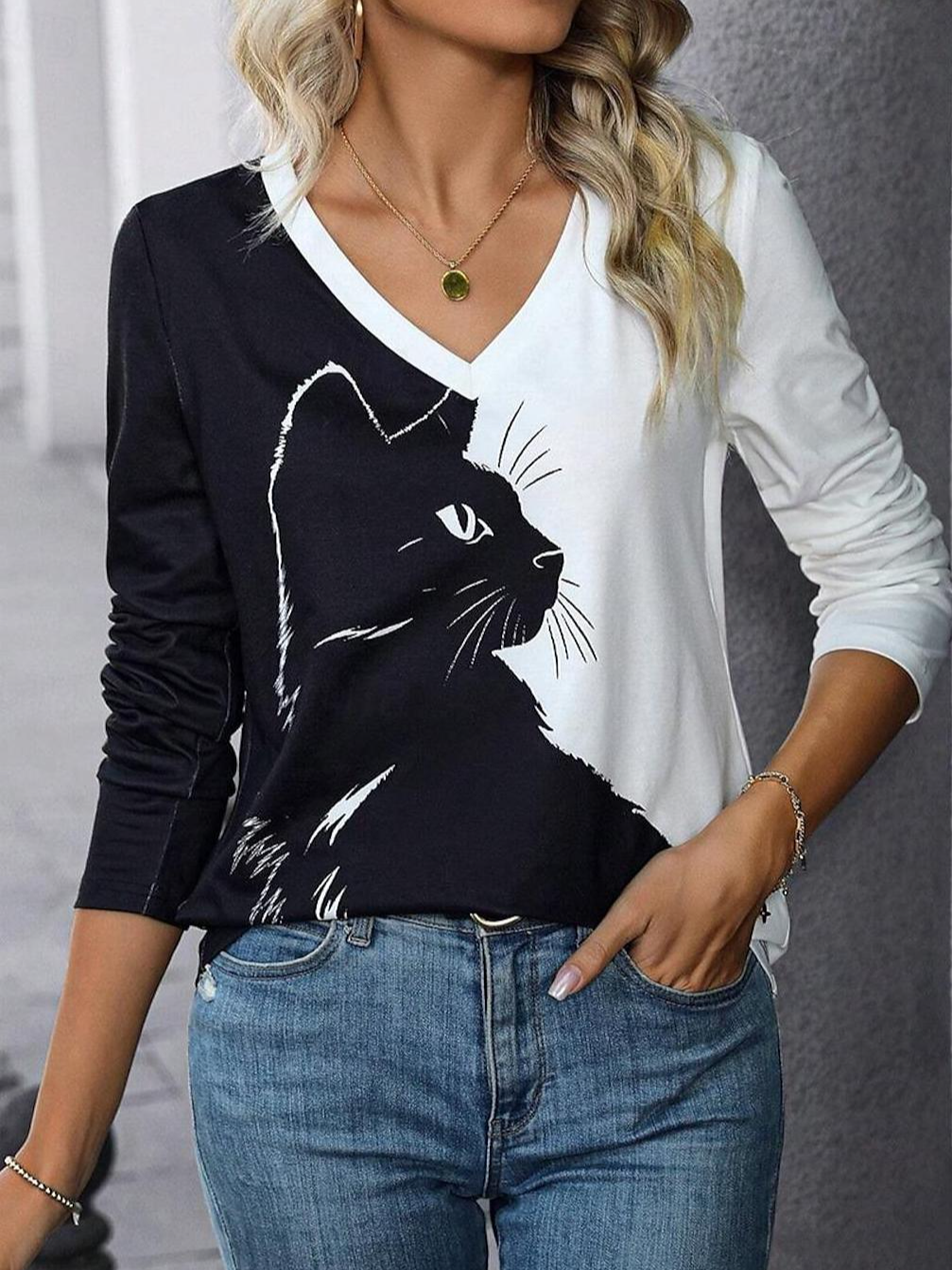 Women's T shirt Tee Cat Daily Fashion Long Sleeve White / Black Spring & Fall