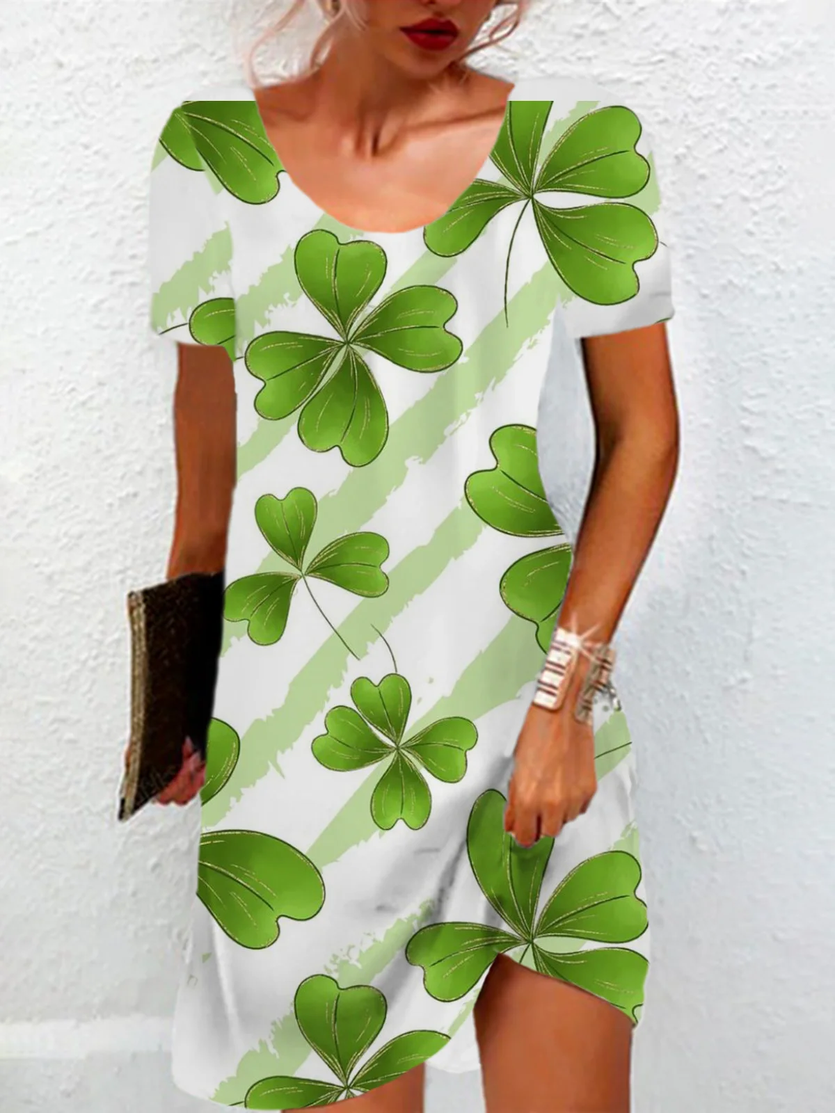 Four-leaf cCover Print Short-Sleeved Crew Neck Dress