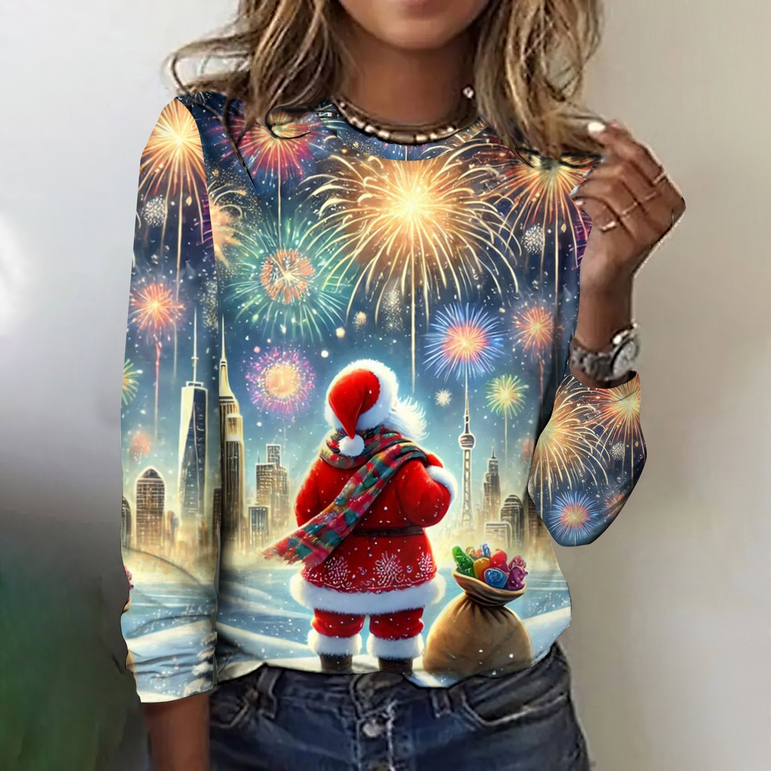 Santa Claus and fireworks long sleeved T-shirt