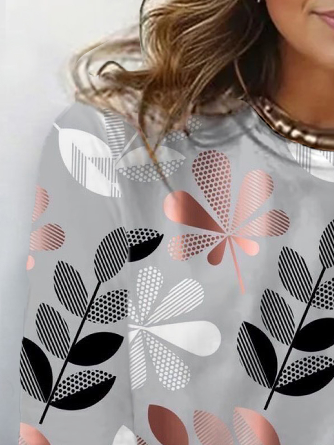 Leaf Print Round Neck Long Sleeve T-shirt