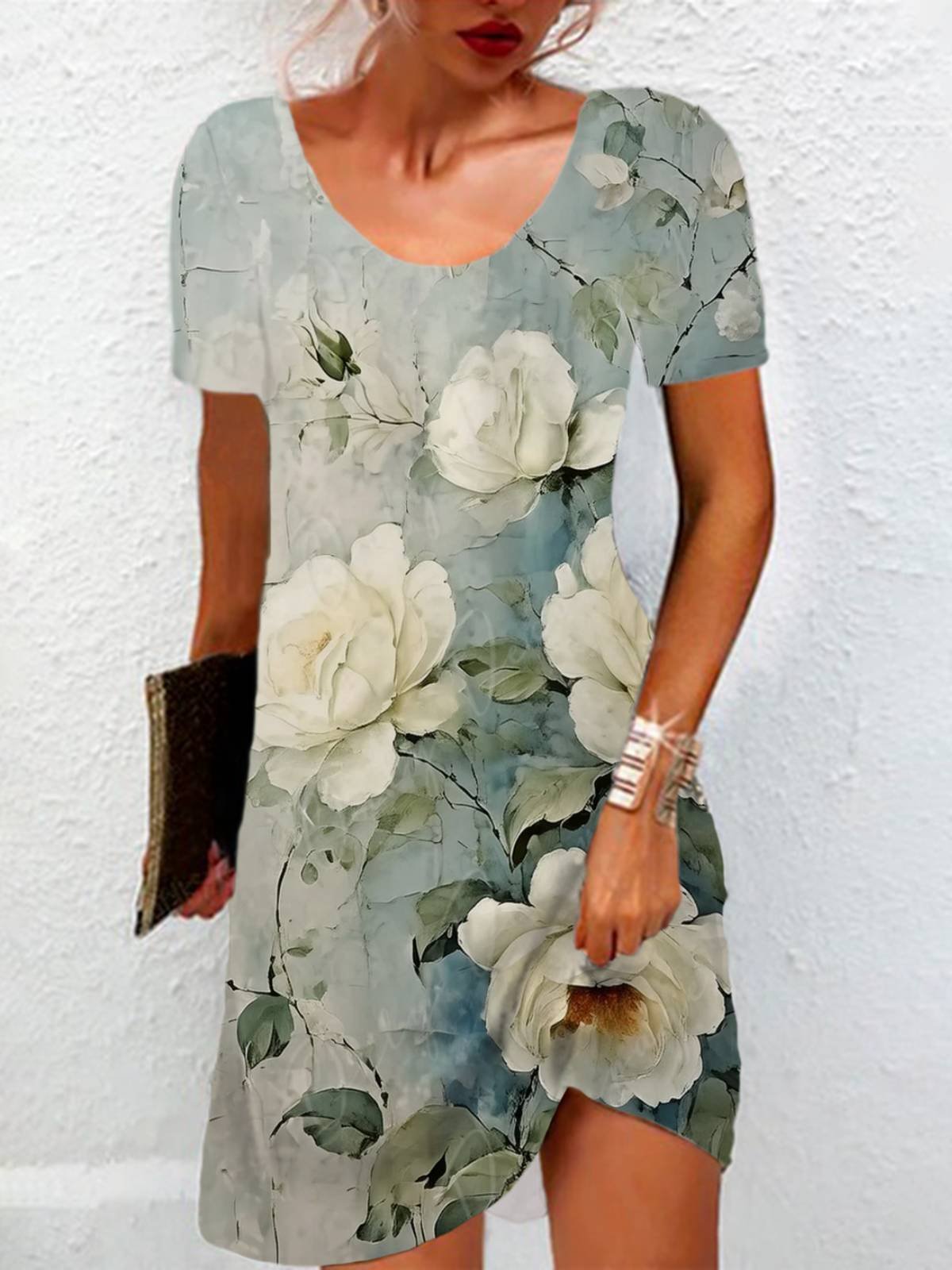 Floral Print Short Sleeve Round Neck Dress