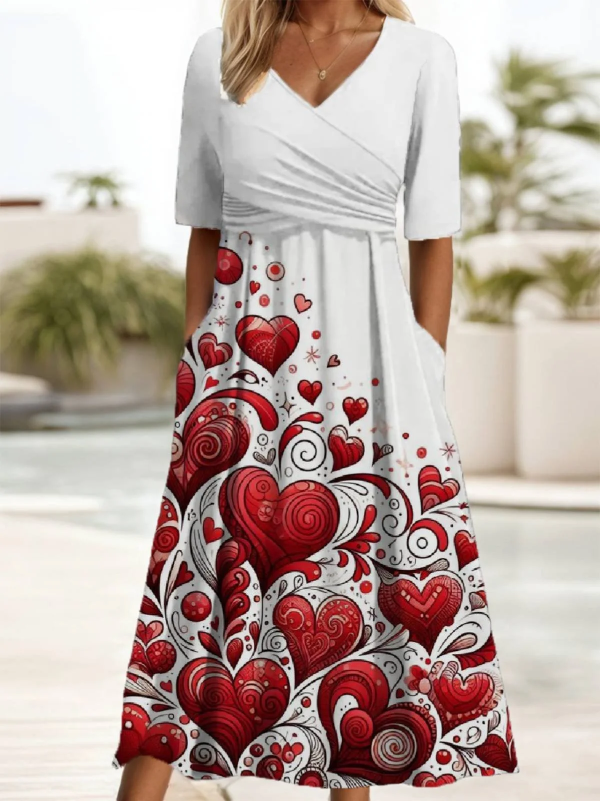 Heart Print Short Sleeve Round Neck Dress