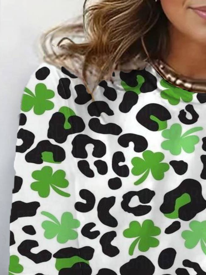 Four-leaf clover print long-sleeved crew neck T-shirt