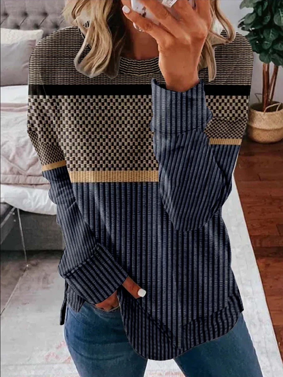 Crew Neck Loose Casual Striped Sweatshirt