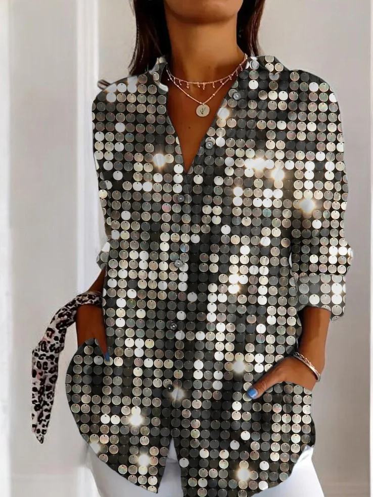 Ladies' fashionable sequin pattern casual long sleeved shirt