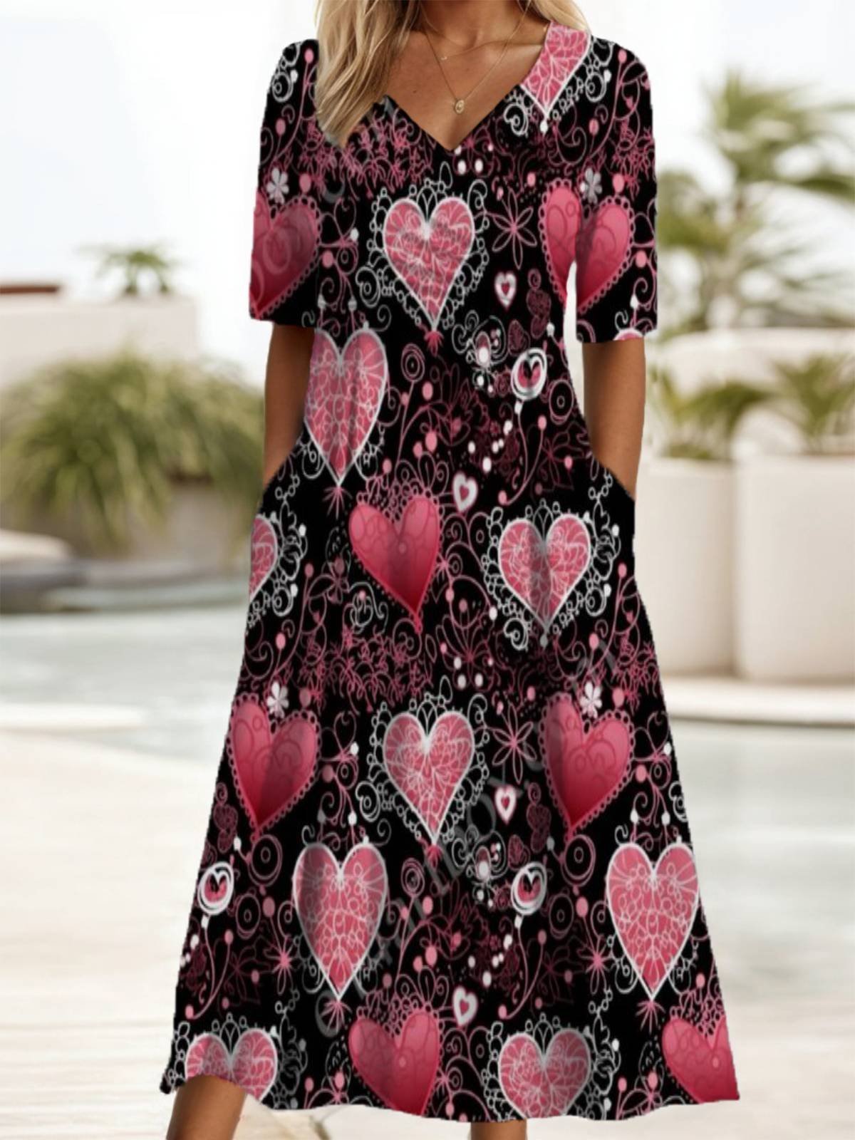 Heart Print Short Sleeve Round Neck Dress