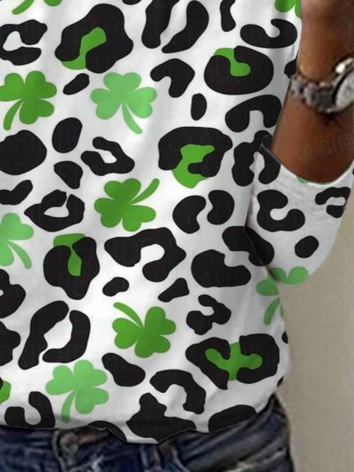 Four-leaf clover print long-sleeved crew neck T-shirt