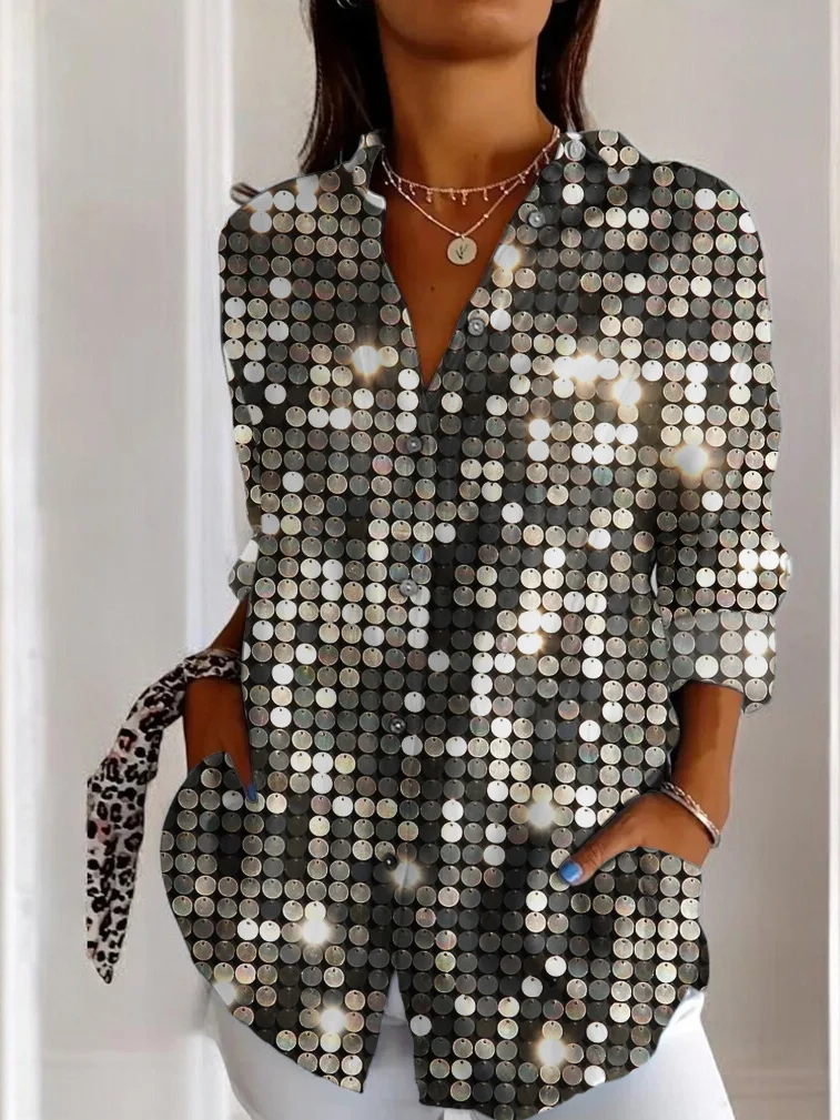 Ladies' fashionable sequin pattern casual long sleeved shirt