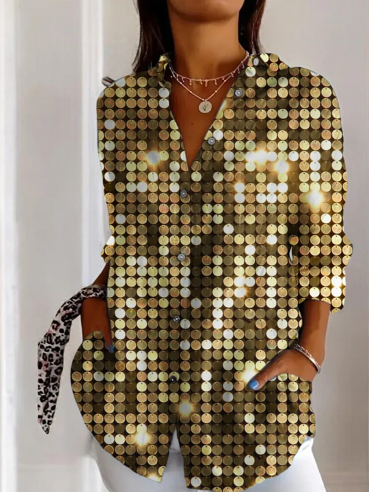 Ladies' fashionable sequin pattern casual long sleeved shirt