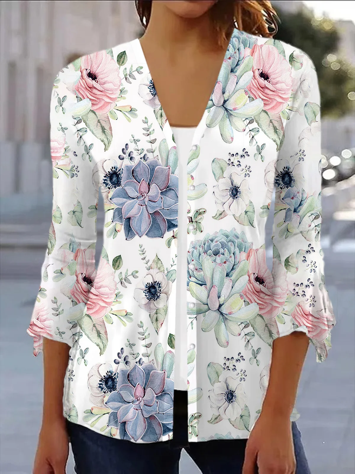 Floral Print Long Sleeve Shawl Jacket