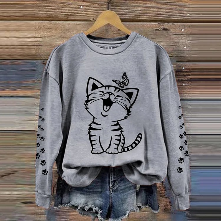 Cat Print Round Neck Long Sleeve Sweatshirt