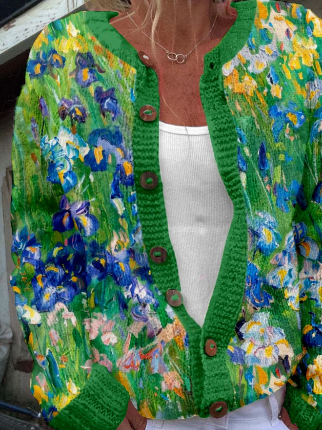 Classy Irises Art Painting Pattern Cozy Cardigan