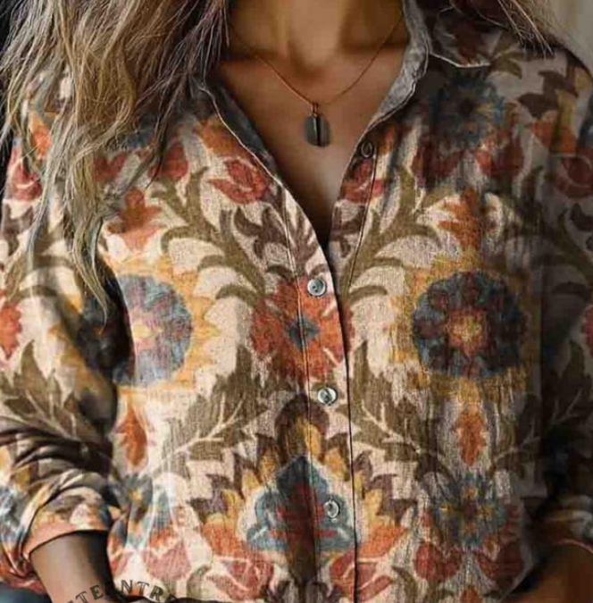 Women's Vintage Folk Floral Art Print Long Sleeve Comfortable Cotton Shirt