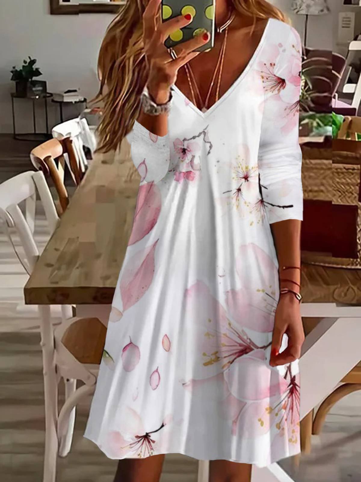 Floral Print Long Sleeve V-neck Dress