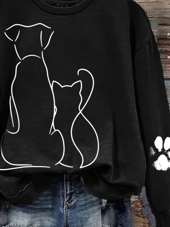 Cat & Dog Line Art Paw Print Comfy Sweatshirt