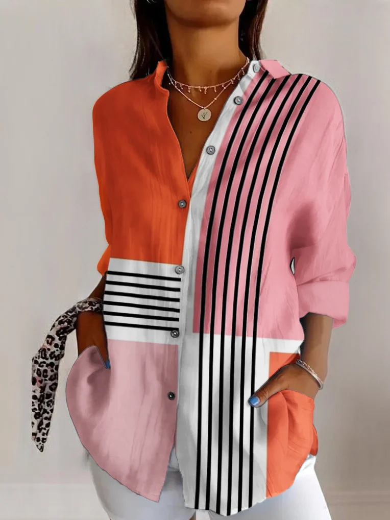 Geometric line color blocked long sleeved shirt