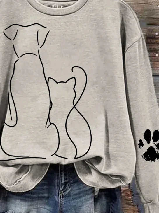 Cat & Dog Line Art Paw Print Comfy Sweatshirt