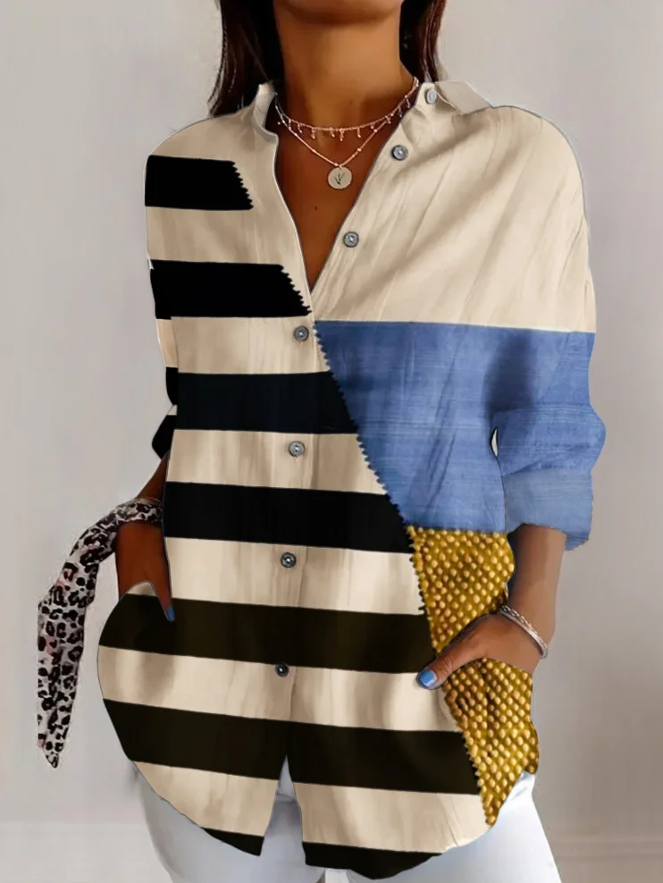 Striped color block splicing long sleeved shirt