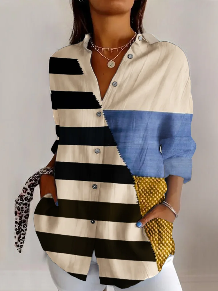 Striped color block splicing long sleeved shirt