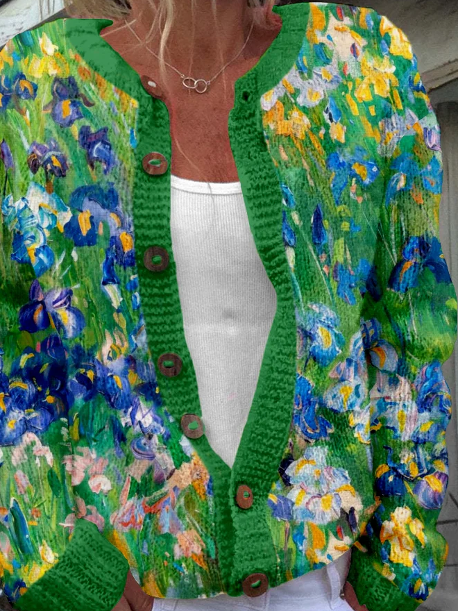 Classy Irises Art Painting Pattern Cozy Cardigan