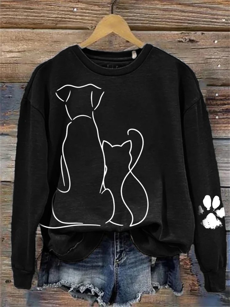 Cat & Dog Line Art Paw Print Comfy Sweatshirt