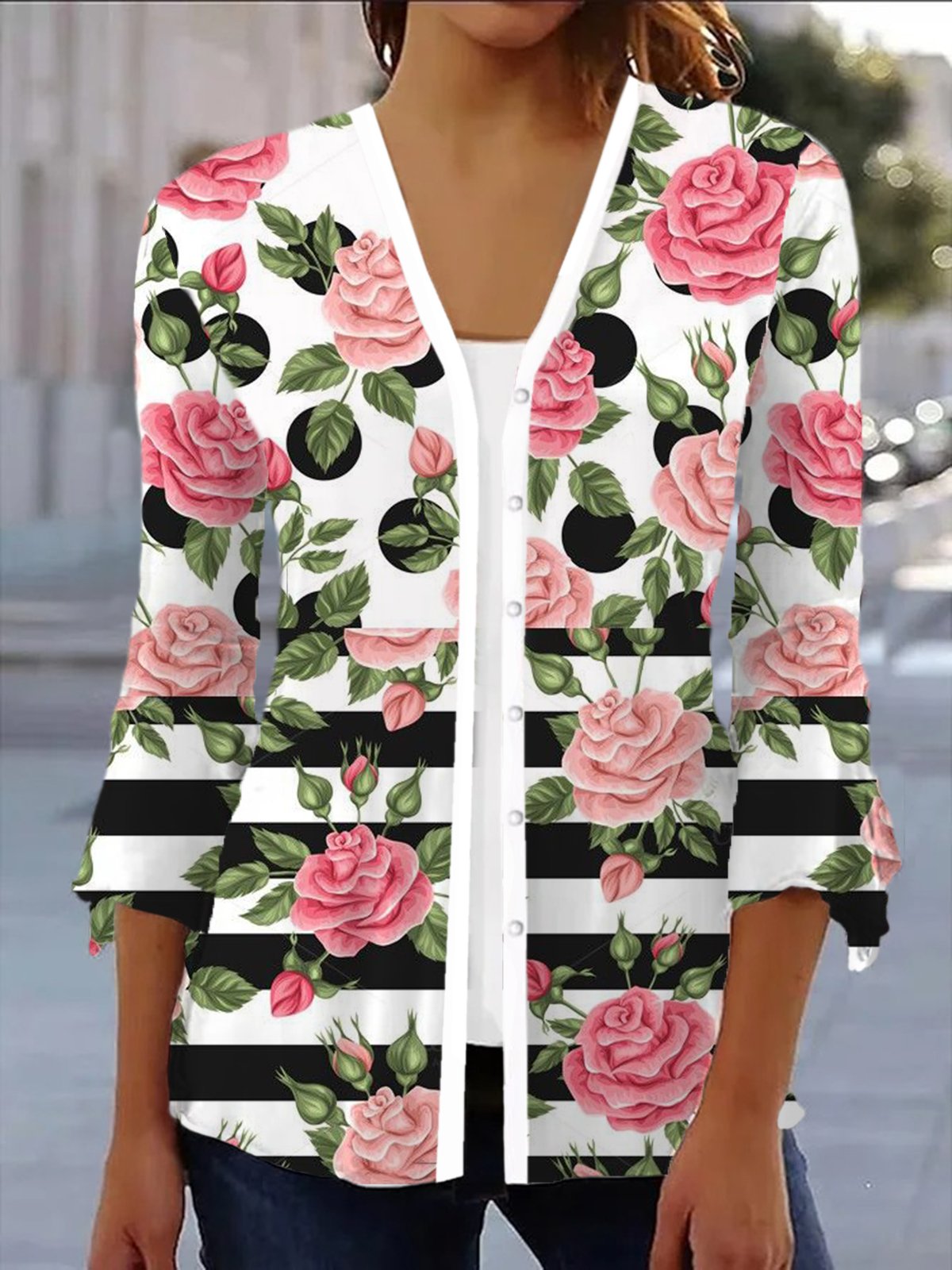 Floral Print Long Sleeve Shawl Jacket