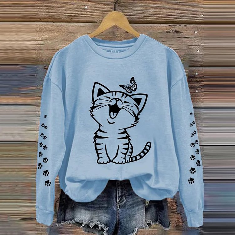 Cat Print Round Neck Long Sleeve Sweatshirt