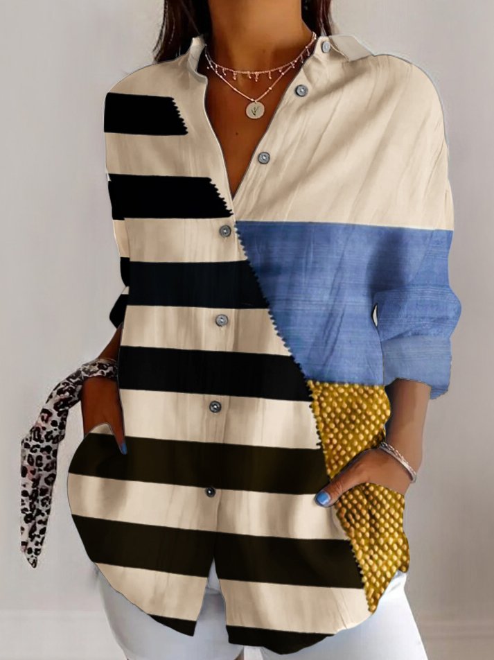 Striped color block splicing long sleeved shirt