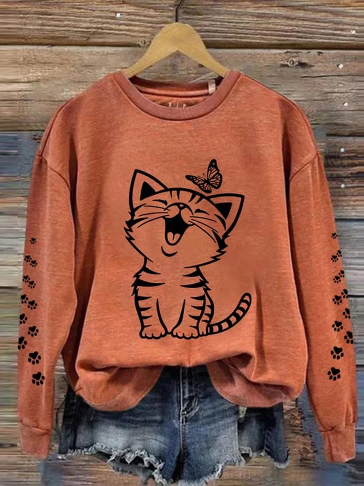 Cat Print Round Neck Long Sleeve Sweatshirt