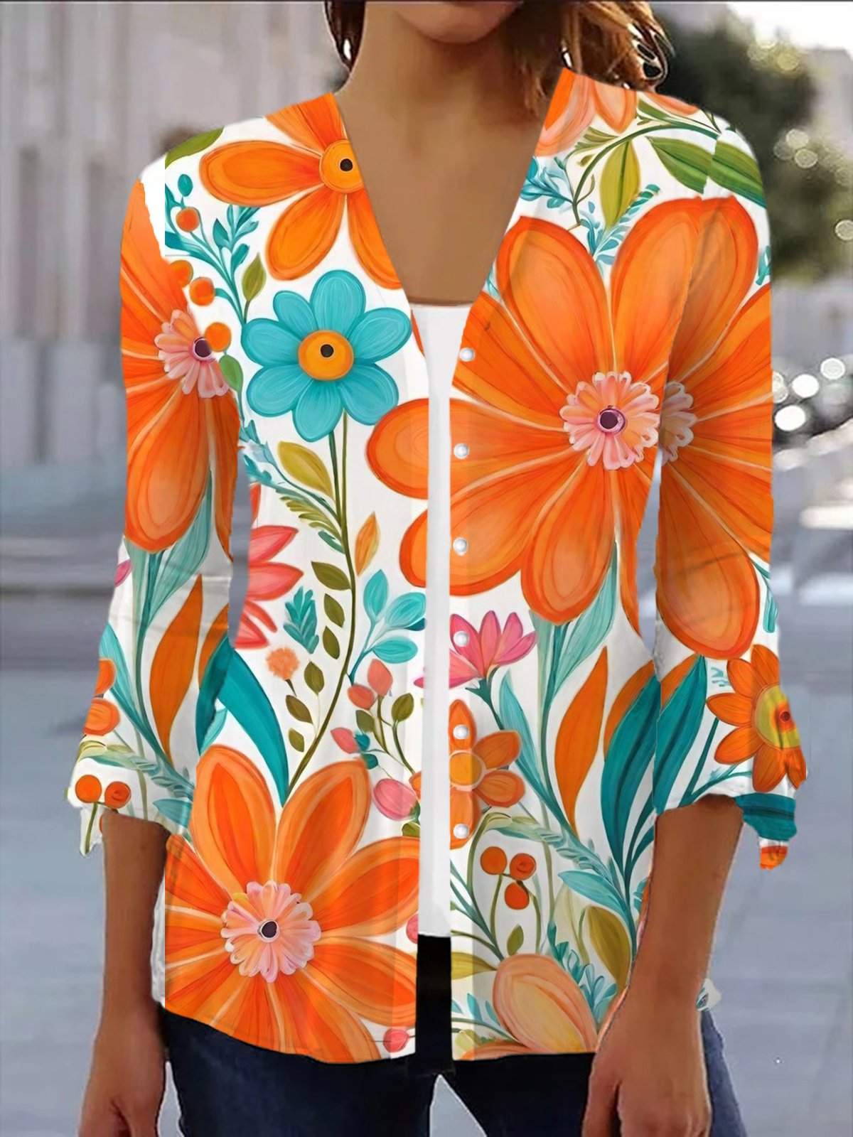 Floral Print Long Sleeve Shawl Jacket