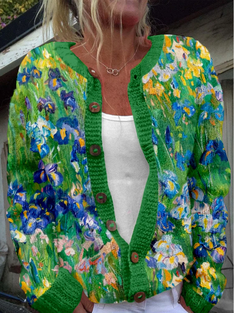 Classy Irises Art Painting Pattern Cozy Cardigan