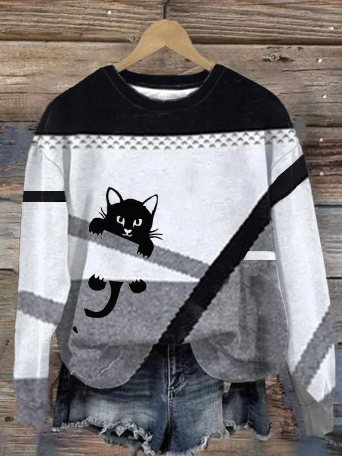 Women's Cat Print Casual Long Sleeve Sweatshirt