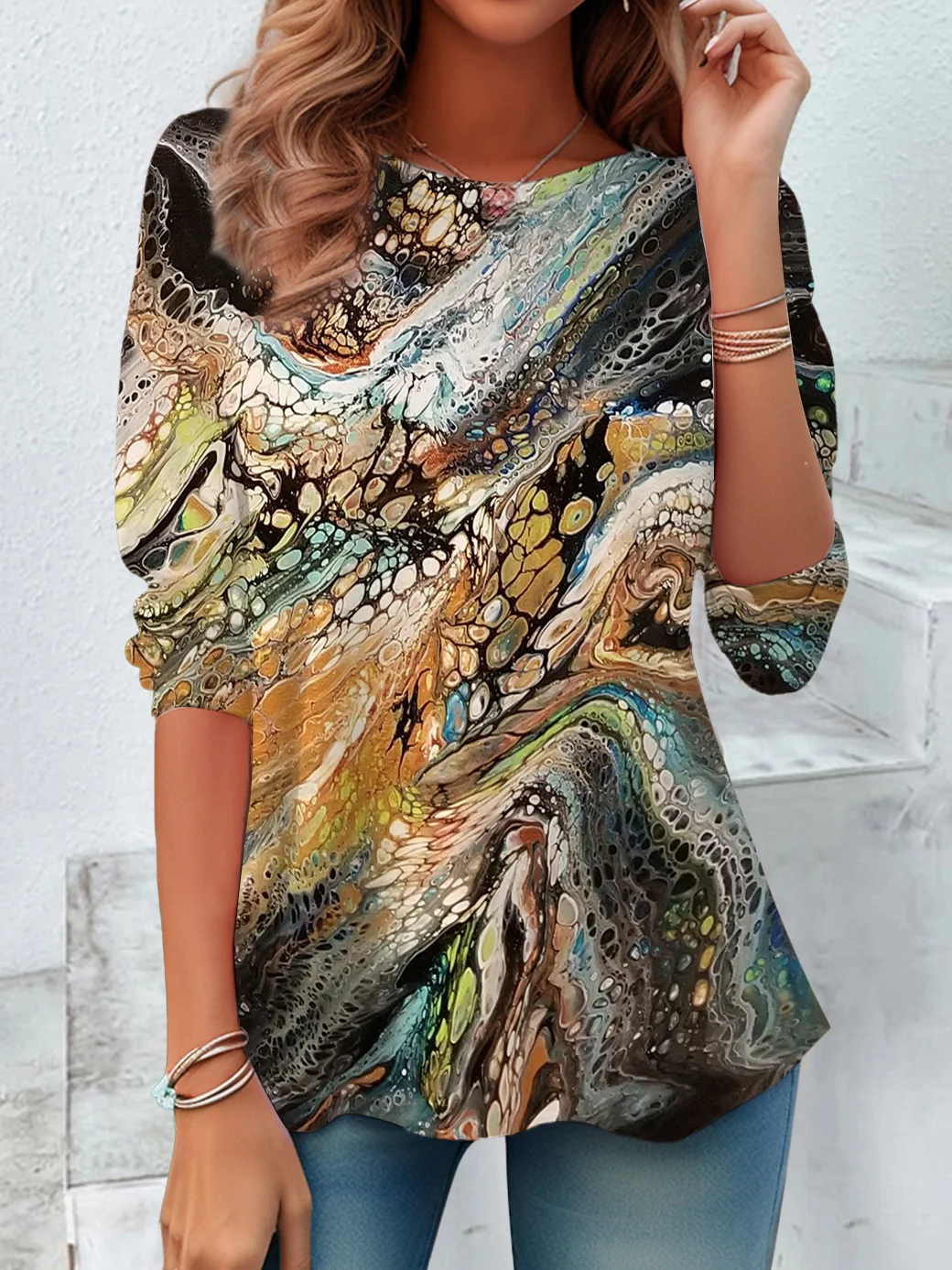 Abstract Print Long Sleeve Crew Neck T-shirt