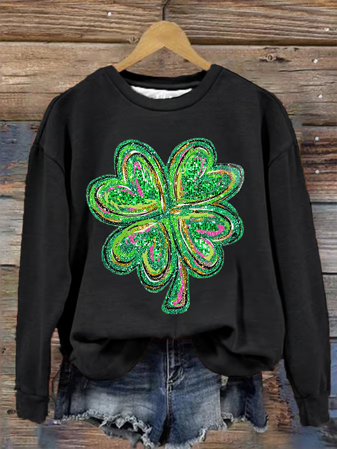 Women's Shiny Sequin Clover Print St. Patrick's Day Casual Sweatshirt