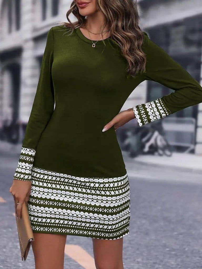 Women's Casual Stitching Printed Round Neck Long Sleeve Dress