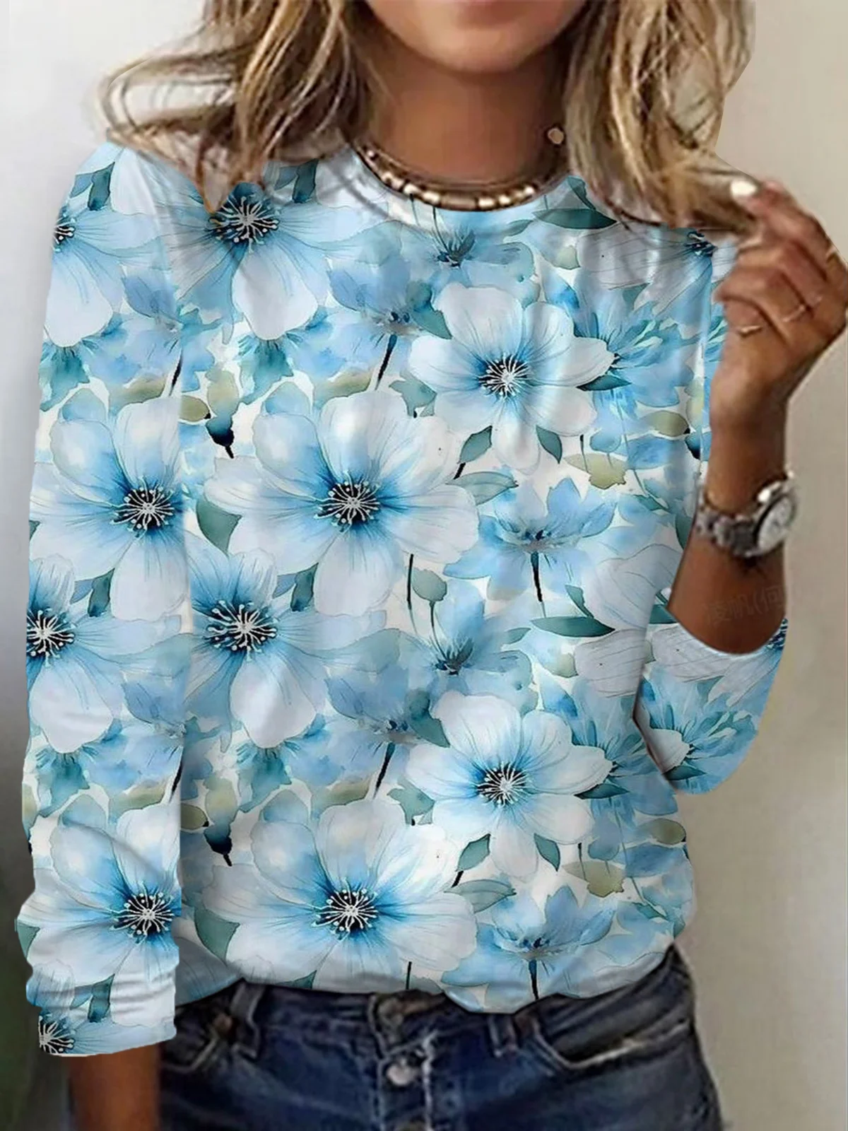 Floral Print Long Sleeve Crew Neck T-shirt