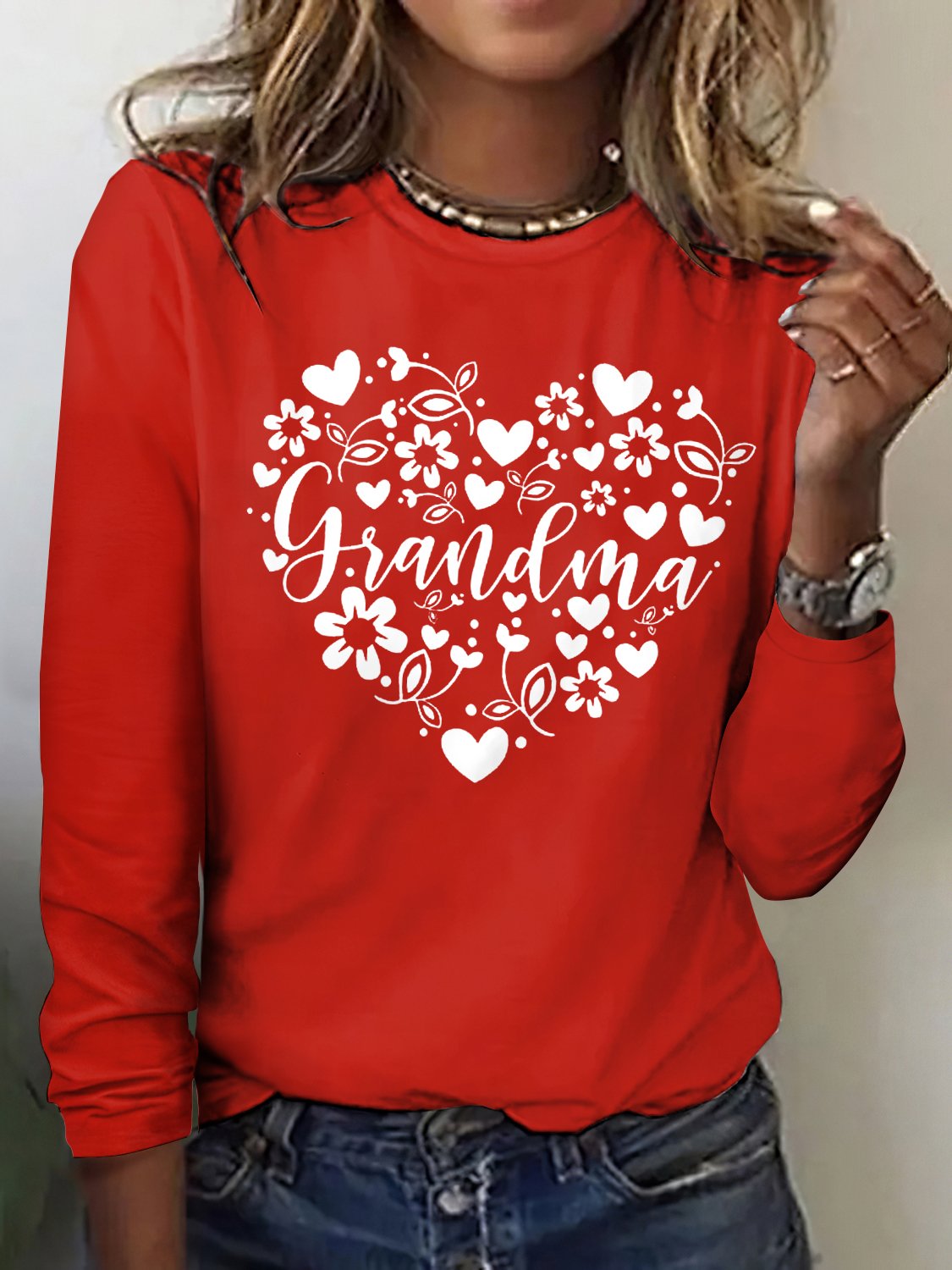 Grandmother heart-shaped printed long sleeved T-shirt