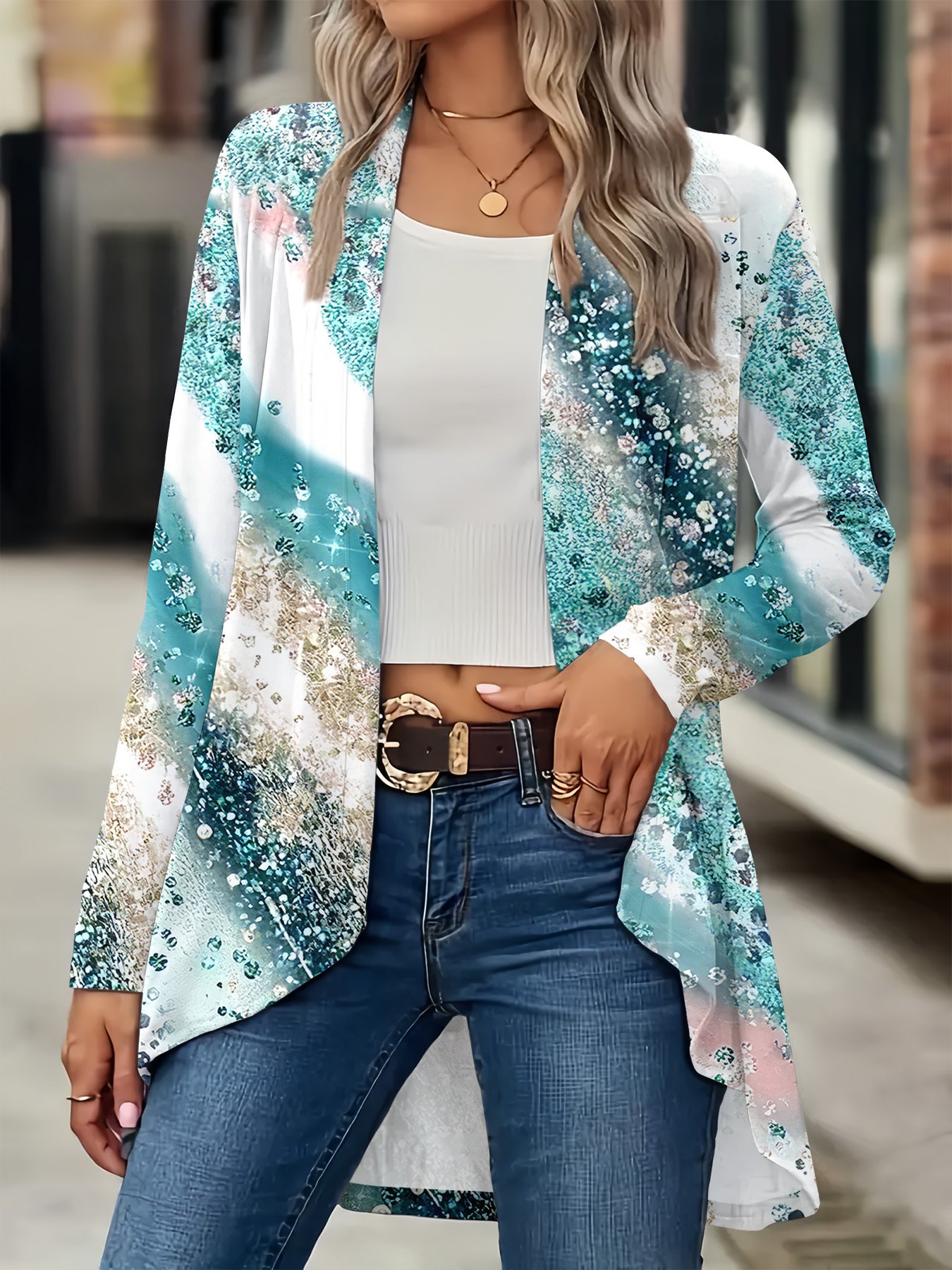 Women's Long Sleeve Cardigan Casual Fashion Printed Shawl Coat